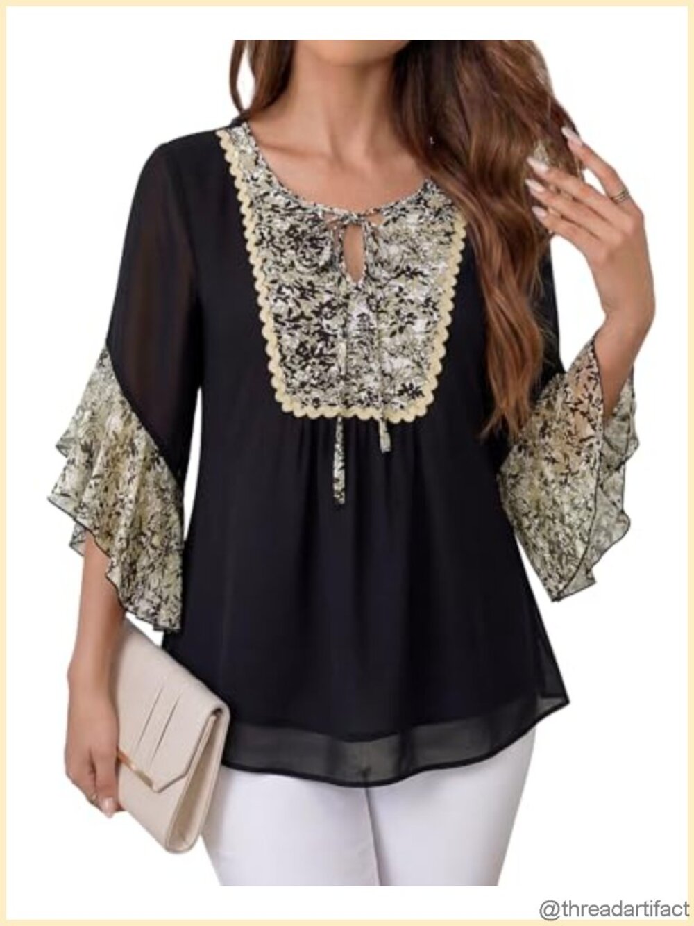 Womens Chiffon Blouse 3/4 Sleeve Ruffle Floral V Neck Work Top